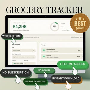 Puede incluir: Una interfaz de seguimiento de compras de comestibles en una pantalla de computadora con etiquetas de texto que incluyen WORKS OFFLINE, LIFETIME ACCESS, NO SUBSCRIPTION, NO LOG IN, INSTANT DOWNLOAD y ONE TIME PAYMENT ONLY, con una insignia BEST SELLER.