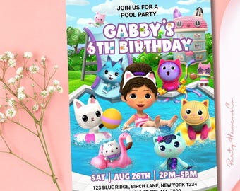 Bearbeitbare Gabby's Dollhouse Pool Party Einladung, Gabby Dollhouse Party einladen, druckbare Gabby Kindergeburtstag einladen, digitaler Download