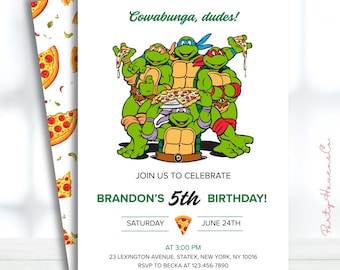 May include: A rectangular birthday invitation card featuring the Teenage Mutant Ninja Turtles holding pizza. The text reads: Cowabunga, dudes! JOIN US TO CELEBRATE BRANDON'S 5th BIRTHDAY! SATURDAY JUNE 24TH AT 3:00 PM 23 LEXINGTON AVENUE, STATEX, NEW YORK, NY 10016 RSVP TO BECKA AT 123-456-7890.