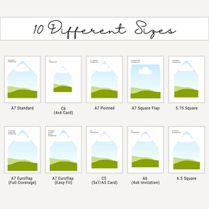 K&ouml;nnte beinhalten: Eine &Uuml;bersicht mit dem Titel 10 Different Sizes zeigt zehn wei&szlig;e Umschlageinlagen mit einer Grafik aus gr&uuml;nen H&uuml;geln und blauem Himmel. Die Beschriftungen umfassen A7 Standard, C6 4x6 Card, A7 Pointed, A7 Square Flap, 5.75 Square, A7 Euroflap, C5 5x7/A5 Card, A6 4x6 Invitation und 6.5 Square.