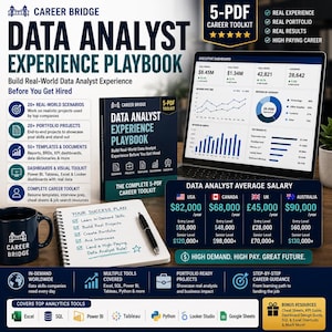 May include: A digital marketing graphic for the Career Bridge Data Analyst Experience Playbook, featuring a laptop displaying an executive dashboard, a physical book, a notebook with a success plan, and a mug, alongside salary data and tool icons.