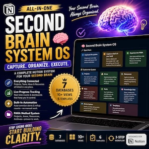 May include: A digital product advertisement for a Notion Second Brain System OS featuring a laptop screen displaying a dashboard with sections for projects, areas, resources, ideas, tasks, and a knowledge hub, alongside text detailing 7 databases, 10+ views, and 6 templates.