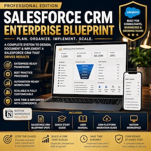 May include: A digital product display featuring the Salesforce CRM Enterprise Blueprint. The image shows a laptop and smartphone screen displaying a CRM executive dashboard and sales pipeline, with text detailing features, a Notion workspace, and guides.