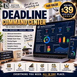 Könnte beinhalten: Eine digitale Notion-Vorlage mit dem Titel Deadline Command Center, die auf einem Laptop- und Smartphone-Bildschirm angezeigt wird. Die Benutzeroberfläche umfasst Aufgaben-Dashboards, Prioritätsdiagramme und Prognosetools. Eine weiße Tasse trägt den Text Focus Plan Finish.