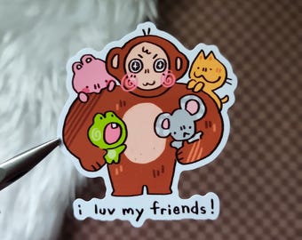 Monkey and Friends "i luv my friends!" Vinyl Sticker