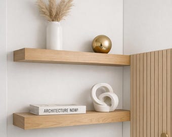 Floating Shelves Set, Solid Oak Thick Wood Wall Shelves, Hidden Bracket, Modern Farmhouse Decor