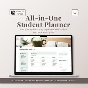 Può includere: Uno schermo di un portatile che mostra un modello Notion per un pianificatore studentesco tutto in uno. L'interfaccia presenta una barra di navigazione, un orario delle lezioni, attività quotidiane e obiettivi. Il testo recita Made for Notion.