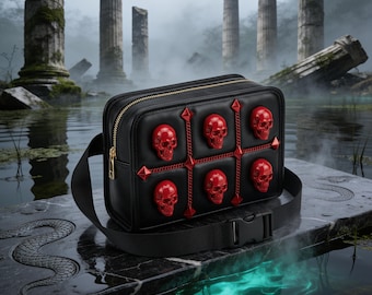 Borsa a tracolla HYDRA con teschio – Pelle di design riciclata, teschi 3D, borsetta gotica con catena