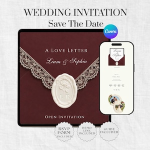 Elegant Burgundy Wedding Website Template with RSVP & Countdown Timer | Editable Canva Design, Save The Date Digital Invitation