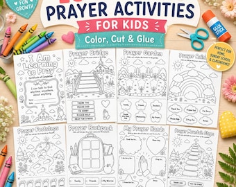 Könnte beinhalten: Ein Set aus 10 ausdruckbaren Gebetsaktivitätsblättern für Kinder mit schwarz-weißen Strichzeichnungen, darunter eine Gebetsbrücke, ein Garten, ein Regenbogen, Fußabdrücke, ein Rucksack, Hände und Bergschritte zum Ausmalen, Ausschneiden und Aufkleben.