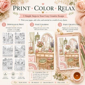 K&ouml;nnte beinhalten: Ein digitales Ausmalbilder-Set mit dem Titel PRINT COLOR RELAX, das drei Schritte f&uuml;r kreative Aktivit&auml;ten darstellt. Es enth&auml;lt sechs schwarz-wei&szlig;e Strichzeichnungen von gem&uuml;tlichen R&auml;umen und ein farbiges Beispiel einer Schminktisch-Szene.