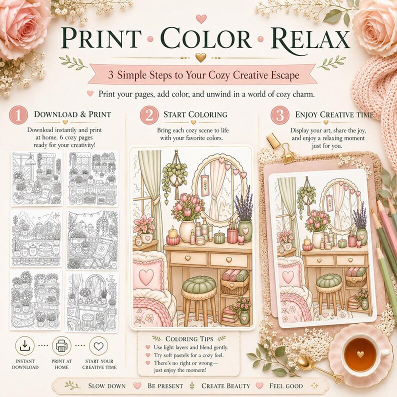 K&ouml;nnte beinhalten: Ein digitales Ausmalbilder-Set mit dem Titel PRINT COLOR RELAX, das drei Schritte f&uuml;r kreative Aktivit&auml;ten darstellt. Es enth&auml;lt sechs schwarz-wei&szlig;e Strichzeichnungen von gem&uuml;tlichen R&auml;umen und ein farbiges Beispiel einer Schminktisch-Szene.