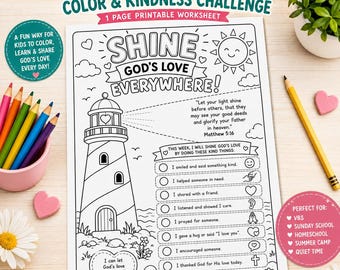 Könnte beinhalten: Ein einseitiges, ausdruckbares Arbeitsblatt mit dem Titel Share God's Love Color & Kindness Challenge. Die schwarz-weiße Seite zeigt eine Leuchtturm-Illustration, eine Sonne, Wolken und eine Checkliste für freundliche Taten mit dem Bibelvers Matthäus 5:16.
