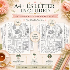 K&ouml;nnte beinhalten: Ein digitales Ausmalbild-Set mit einer Schminktisch-Szene inklusive Spiegel, Blumen und Hocker. Der Text lautet A4 + US LETTER INCLUDED, TWO POPULAR SIZES, SAME BEAUTIFUL DESIGNS, Print What Fits You Best, EASY HOME PRINTING, READY TO PRINT, INSTANT DOWNLOAD, RELAX, COLOR, ENJOY.