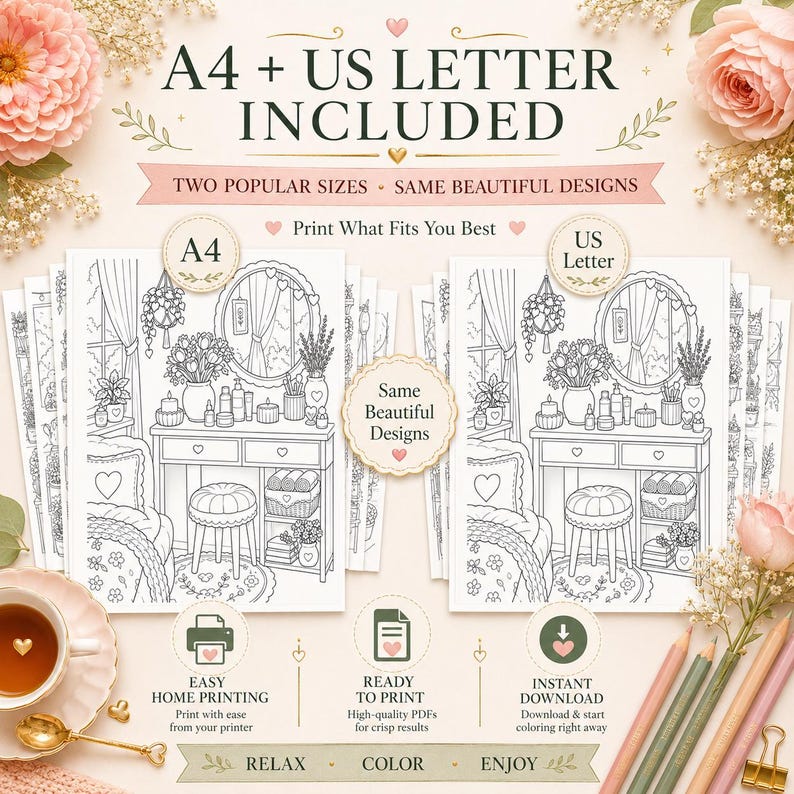 K&ouml;nnte beinhalten: Ein digitales Ausmalbild-Set mit einer Schminktisch-Szene inklusive Spiegel, Blumen und Hocker. Der Text lautet A4 + US LETTER INCLUDED, TWO POPULAR SIZES, SAME BEAUTIFUL DESIGNS, Print What Fits You Best, EASY HOME PRINTING, READY TO PRINT, INSTANT DOWNLOAD, RELAX, COLOR, ENJOY.