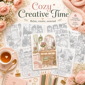 K&ouml;nnte beinhalten: Eine Sammlung von sechs ausdruckbaren Malvorlagen mit dem Titel Cozy Creative Time, die Strichzeichnungen von Innenszenen mit Pflanzen, M&ouml;beln und Dekor zeigen. Eine Seite ist in Pastellt&ouml;nen koloriert. Enth&auml;lt eine Teetasse, einen L&ouml;ffel und Stifte.