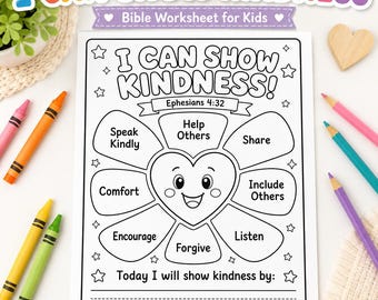Könnte beinhalten: Ein weißes Arbeitsblatt aus Papier mit dem Titel I CAN SHOW KINDNESS! und einem zentralen lächelnden Herzen, umgeben von Blütenblättern mit den Aufschriften Speak Kindly, Help Others, Share, Include Others, Listen, Forgive, Comfort und Encourage.