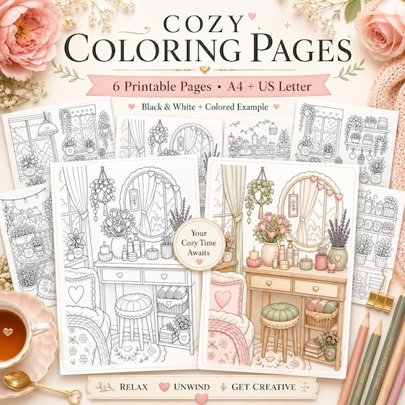 Cozy Coloring Pages Printable, 6 Relaxing Adult Coloring Sheets, A4 and US Letter PDF, Self Care Instant Download