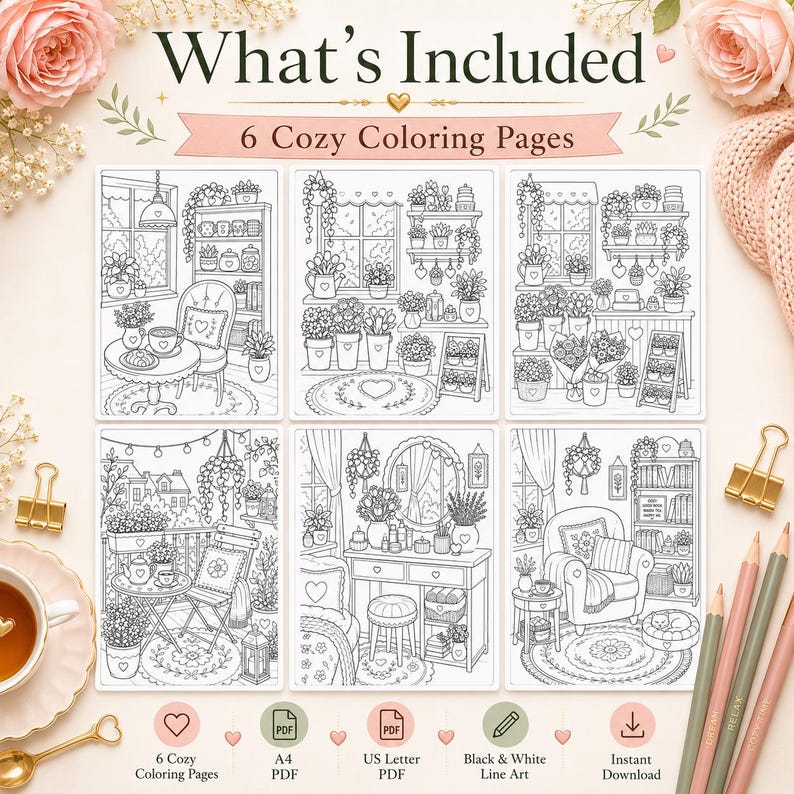 K&ouml;nnte beinhalten: Sechs schwarz-wei&szlig;e Ausmalbilder mit gem&uuml;tlichen Innenszenen, Pflanzen, M&ouml;beln und Dekoration. Der Text lautet What's Included, 6 Cozy Coloring Pages, 6 Cozy Coloring Pages, A4 PDF, US Letter PDF, Black and White Line Art, Instant Download.