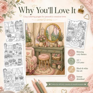 K&ouml;nnte beinhalten: Eine Sammlung ausdruckbarer Malvorlagen mit gem&uuml;tlichen Innenszenen, Pflanzen, M&ouml;beln und Dekorationen. Das Set enth&auml;lt Schwarz-Wei&szlig;-Strichzeichnungen mit Texten wie Why You'll Love It, Relaxing cozy themes sowie Angaben zu A4 und US Letter.