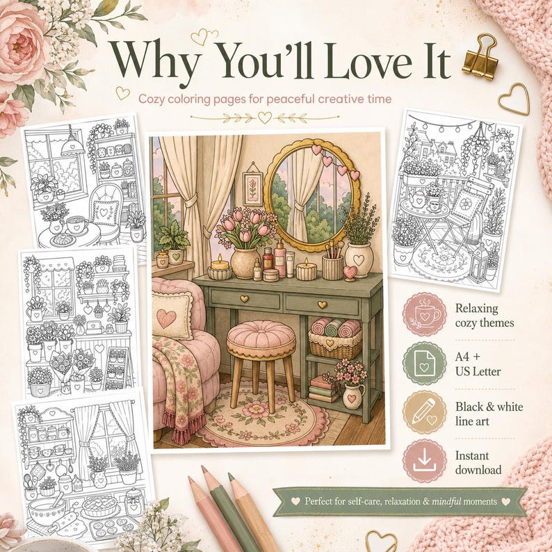 K&ouml;nnte beinhalten: Eine Sammlung ausdruckbarer Malvorlagen mit gem&uuml;tlichen Innenszenen, Pflanzen, M&ouml;beln und Dekorationen. Das Set enth&auml;lt Schwarz-Wei&szlig;-Strichzeichnungen mit Texten wie Why You'll Love It, Relaxing cozy themes sowie Angaben zu A4 und US Letter.