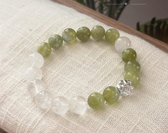 Serpentin Jade Kristallarmband – Kiwi Glitter, Grönt Vitt Pärlsmycke, Turgåva