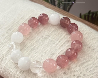 Jordgubbskvartskristallarmband – Jordgubbslushie, rosa vita pärlsmycken, vänskapspresent