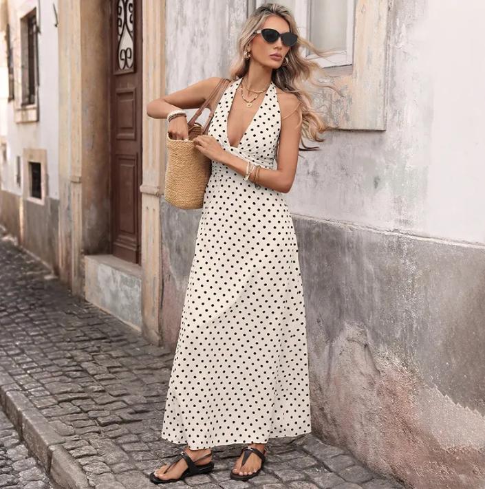 tan and white polka dot halter neck dress Dot Halter Neck Polka Dot Dress Size_US 10