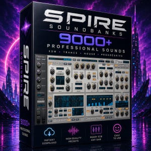 Op de afbeelding: Een zwarte rechthoekige doos met de tekst SPIRE SOUNDBANKS 9000+ PROFESSIONAL SOUNDS EDM TRANCE HOUSE PROGRESSIVE. De voorzijde toont een gedetailleerde digitale synthesizer-interface met talloze knoppen en blauwe schermen.