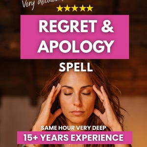 May include: A digital graphic featuring the text Very detailed, five yellow stars, REGRET & APOLOGY SPELL, and SAME HOUR VERY DEEP 15+ YEARS EXPERIENCE. The image shows a person with long wavy hair, eyes closed, touching their temples with both hands.