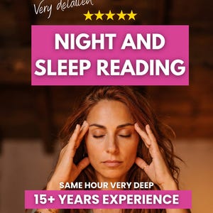 Peut inclure: Une personne aux longs cheveux auburn ondulés, les yeux fermés, les mains sur les tempes. Texte superposé : Very detailed, cinq étoiles jaunes, NIGHT AND SLEEP READING, SAME HOUR VERY DEEP, 15+ YEARS EXPERIENCE. La personne porte un collier.