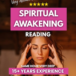 Könnte beinhalten: Eine Person mit langem, welligem Haar berührt ihre Schläfen mit geschlossenen Augen. Der Text lautet: Very detailed, fünf gelbe Sterne, SPIRITUAL AWAKENING READING, SAME HOUR VERY DEEP, 15+ YEARS EXPERIENCE. Die Person trägt eine Mondsichel-Halskette.