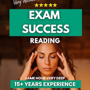 May include: A person with long wavy hair and eyes closed, touching their temples. Text overlays include Very detailed, five yellow stars, EXAM SUCCESS READING, SAME HOUR VERY DEEP, and 15+ YEARS EXPERIENCE on green rectangular backgrounds.