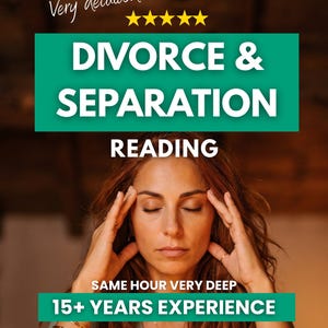 以下が含まれることがあります： Very detailed、DIVORCE & SEPARATION READING、SAME HOUR VERY DEEP、15+ YEARS EXPERIENCEというテキストが記載されたデジタル画像。長いウェーブのかかった髪の人物が、目を閉じてこめかみに手を当て、ネックレスを着用している様子が写っている。