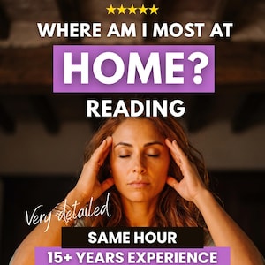 Könnte beinhalten: Eine Person mit langem, welligem Haar, geschlossenen Augen und Händen an den Schläfen. Text: WHERE AM I MOST AT HOME? READING, Very detailed, SAME HOUR, 15+ YEARS EXPERIENCE und fünf gelbe Sterne. Die Person trägt ein hellgrünes Oberteil.