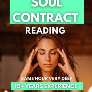 May include: A digital graphic featuring the text extremely DETAILED SOUL CONTRACT READING and SAME HOUR VERY DEEP 15+ YEARS EXPERIENCE. The image shows a person with long wavy hair, eyes closed, and hands touching their temples, framed by candles.