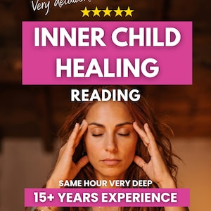 May include: A digital graphic featuring the text Very detailed, five yellow stars, INNER CHILD HEALING READING, and SAME HOUR VERY DEEP 15+ YEARS EXPERIENCE. The background shows a person with long wavy hair touching their temples with eyes closed.
