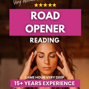 Puede incluir: Una persona con cabello largo y ondulado tiene los ojos cerrados y los dedos tocando sus sienes. Los textos superpuestos dicen: Very detailed, cinco estrellas amarillas, ROAD OPENER READING, SAME HOUR VERY DEEP y 15+ YEARS EXPERIENCE en pancartas magenta.