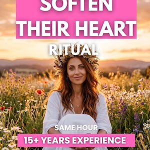 Peut inclure: Une personne aux longs cheveux ondulés portant une couronne de fleurs et une robe blanche, assise dans un champ de fleurs sauvages. Le texte indique : Powerful SOFTEN THEIR HEART RITUAL, SAME HOUR, et 15+ YEARS EXPERIENCE sur fond de coucher de soleil.