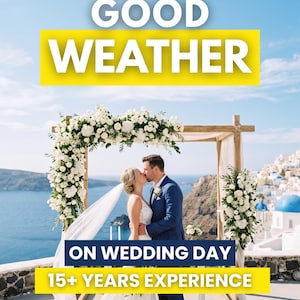 Peut inclure: Un couple s'embrassant sous une arche de mariage en bois ornée de fleurs blanches, surplombant la mer. Le texte indique : 1500+ orders 5 star rating, GOOD WEATHER, ON WEDDING DAY, 15+ YEARS EXPERIENCE. La scène présente un arrière-plan marin bleu.