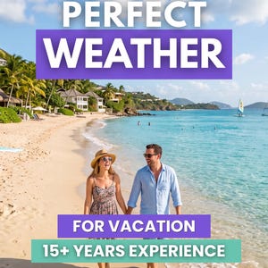 May include: A tropical beach scene with white sand, turquoise water, and palm trees. Two people walk along the shore. Text overlays read: PERFECT WEATHER, FOR VACATION, 15+ YEARS EXPERIENCE. The sky is blue with scattered white clouds.