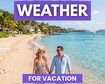 May include: A beach scene with a couple walking on sand near turquoise water, palm trees, and villas. Text overlays read: PERFECT WEATHER, FOR VACATION, 15+ YEARS EXPERIENCE. The sky is blue with white clouds, and a sailboat is visible in the distance.