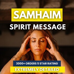 Puede incluir: Una persona con cabello largo, ondulado y castaño tiene los ojos cerrados y las manos en las sienes. El texto superpuesto dice SAMHAIN SPIRIT MESSAGE, 3000+ ORDERS 5 STAR RATING y EXTREMELY DETAILED. La persona viste una blusa verde claro.