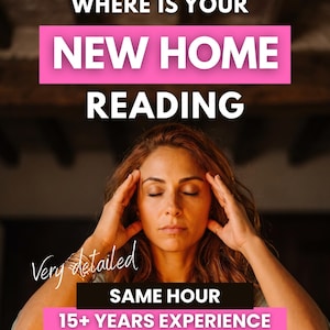 May include: A digital graphic featuring the text WHERE IS YOUR NEW HOME READING, Very detailed, SAME HOUR, and 15+ YEARS EXPERIENCE. The image displays a person with long wavy brown hair, eyes closed, and hands touching their temples in a focused pose.