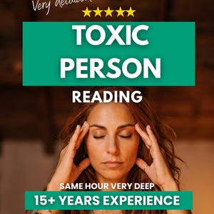 Könnte beinhalten: Eine digitale Grafik mit dem Text Very detailed, fünf gelben Sternen, TOXIC PERSON READING, SAME HOUR VERY DEEP und 15+ YEARS EXPERIENCE. Das Bild zeigt eine Person mit langem, welligem Haar, geschlossenen Augen und Händen an den Schläfen.