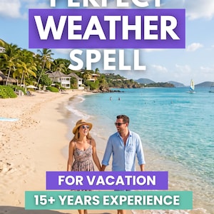 Op de afbeelding: Een strandscène met twee mensen die langs de kustlijn lopen met tekstoverlays die PERFECT WEATHER SPELL, FOR VACATION en 15+ YEARS EXPERIENCE lezen. De achtergrond toont palmbomen, gebouwen, blauw zeewater en een zeilboot.