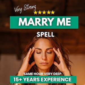 Può includere: Un grafico digitale con il testo Very Strong, cinque stelle gialle, MARRY ME SPELL, SAME HOUR VERY DEEP e 15+ YEARS EXPERIENCE. Lo sfondo mostra una persona con lunghi capelli ondulati color mogano, occhi chiusi e mani sulle tempie.