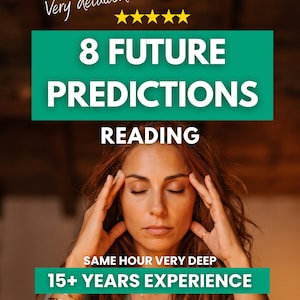 Könnte beinhalten: Eine digitale Grafik mit dem Text Very detailed, 8 FUTURE PREDICTIONS READING, SAME HOUR VERY DEEP und 15+ YEARS EXPERIENCE. Das Bild zeigt eine Person mit langem, welligem Haar, geschlossenen Augen und Händen an den Schläfen, mit fünf gelben Sternen.