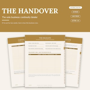 Op de afbeelding: Een interactieve PDF-map voor bedrijfscontinuïteit getiteld THE HANDOVER, met 18 pagina's, 1.065 velden en letter- en A4-formaten. Het document bevat secties voor klanten, gedelegeerden en bevoegdhedentabellen in een beige en crèmekleurig schema.