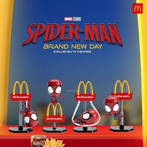 May include: Four Spider-Man figurines in red and blue suits with large white eyes, each displayed with a McDonald's golden arch sign. The background features the Marvel Studios Spider-Man Brand New Day movie title text and a Coca-Cola cup with fries.